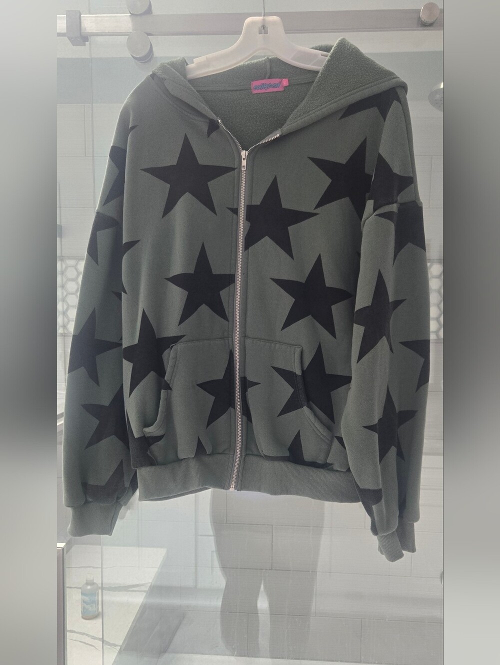 Cozy Star Print Zip-Up Hoodie in Olive Green